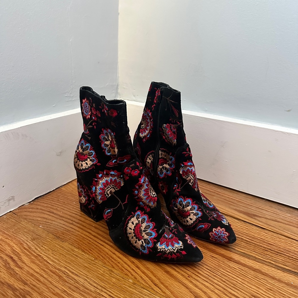 Loeffler Randall Isla Embroidered Suede Ankle Boot, Black/Floral